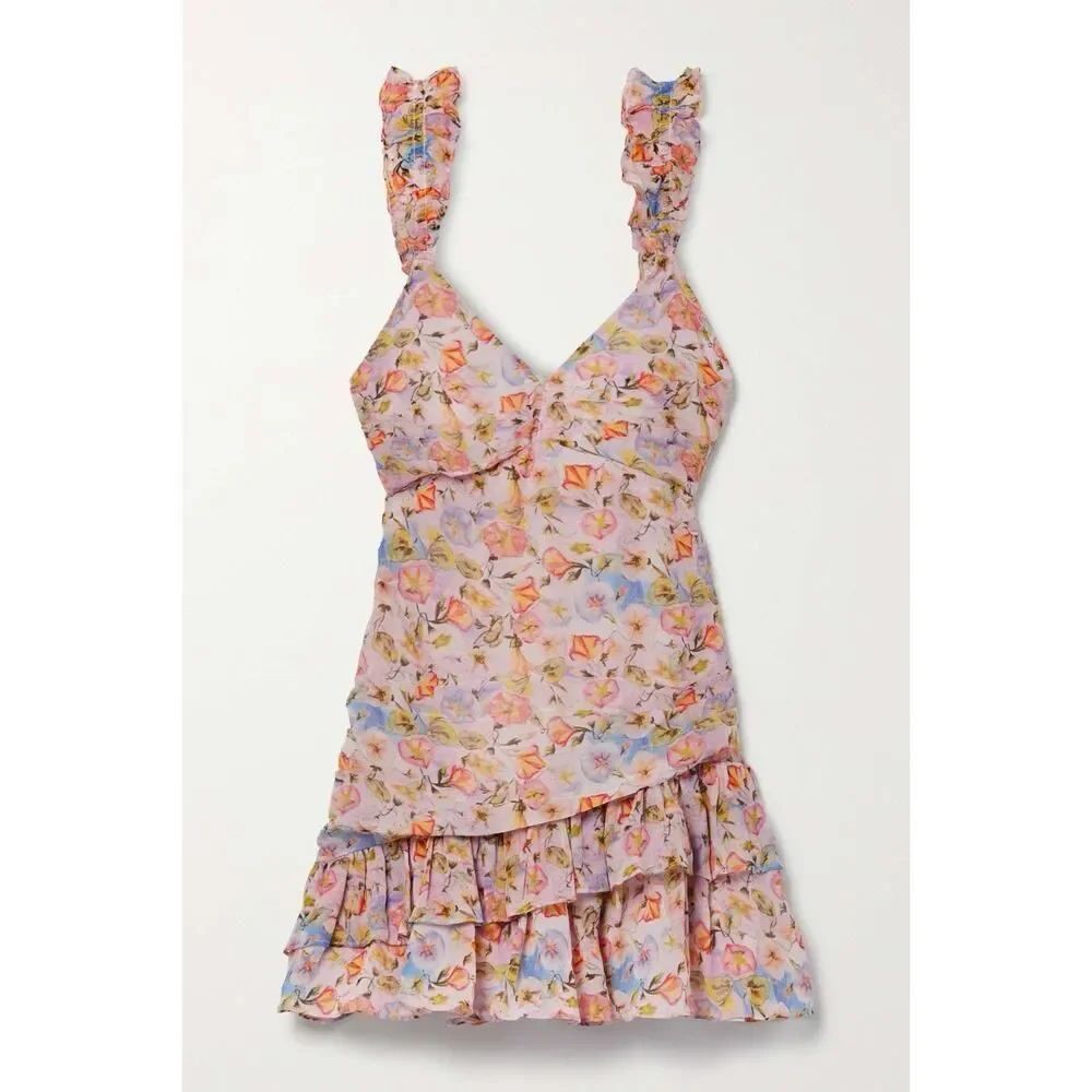 LoveShackFancy Desra Floral Ruffle Mini Dress 100% Viscose Lined Pink XS